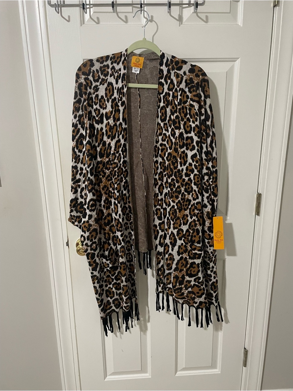 Leopard Print Fringe Open Cardigan - Brown/Black one size Ruby rd